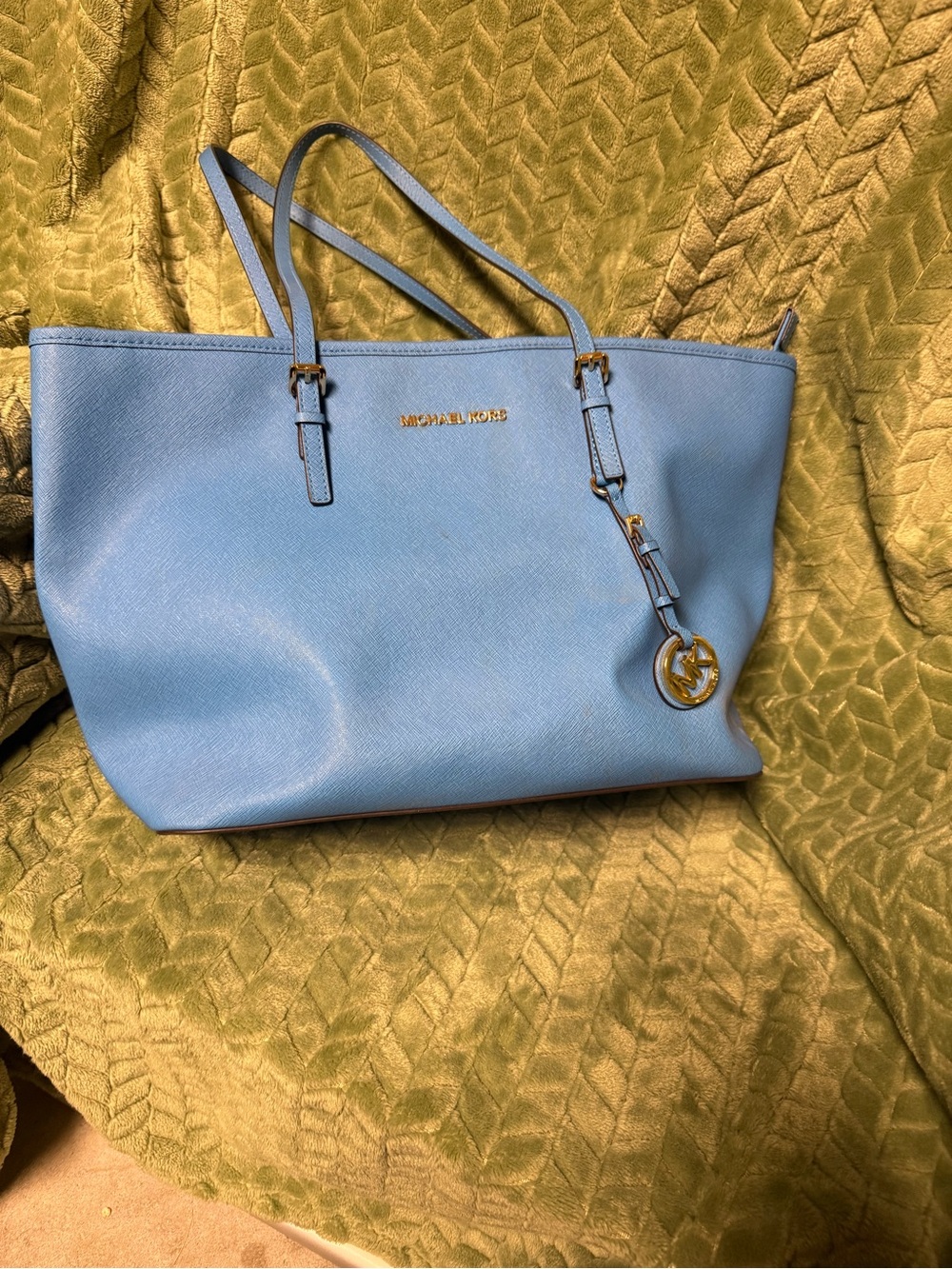 Michael Kors Light Blue Saffiano Leather Tote with Gold Hardware